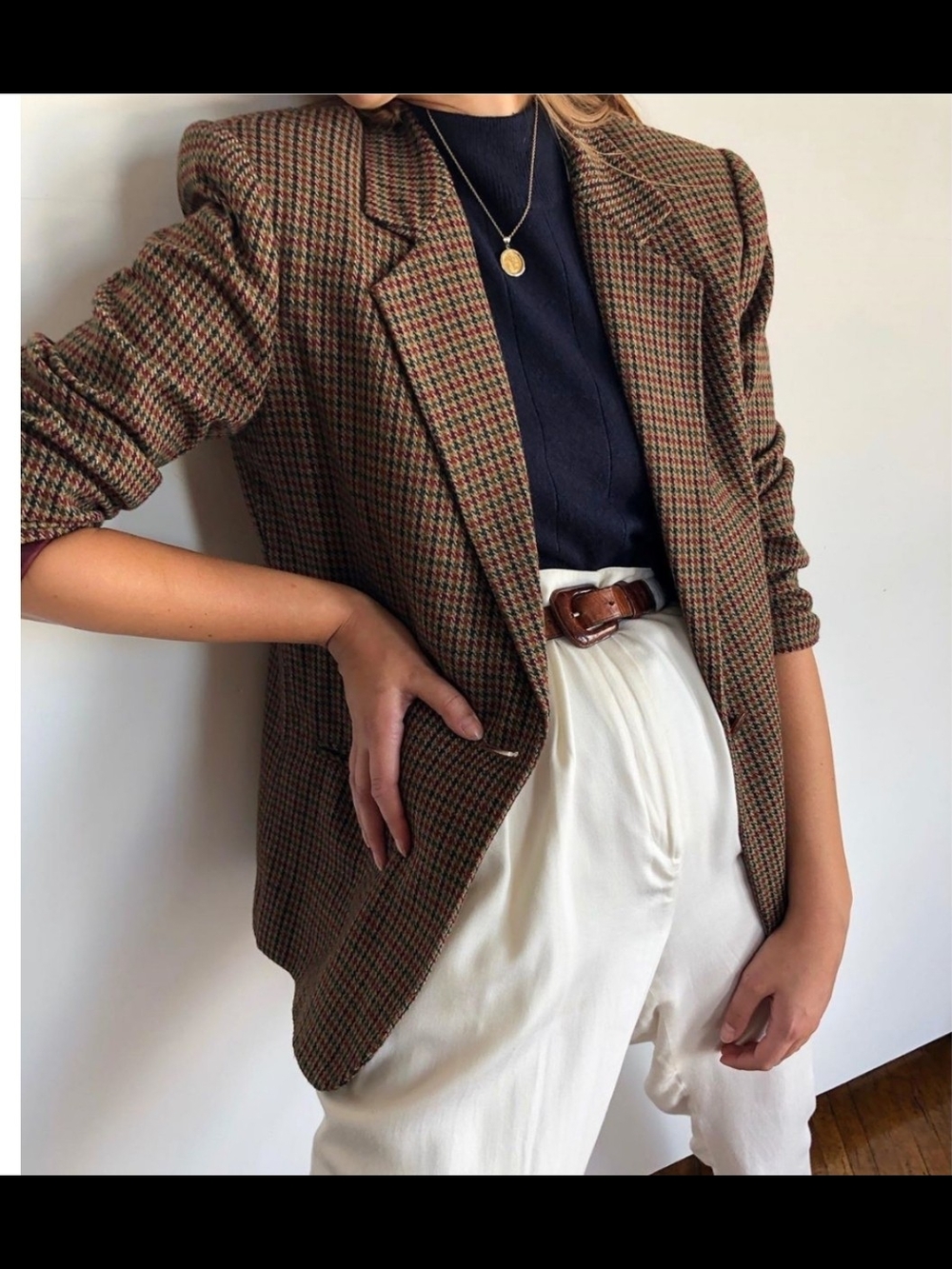 Women's Houndstooth Blazer Jacket Brown